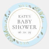 Blue Baby Boy Dusche Aquarell Blätter Runder Aufkleber (Vorderseite)
