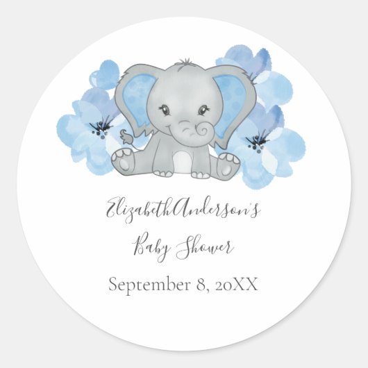 Blue Baby Boy Elephant Baby Dusche Blume Ballon Runder Aufkleber (Vorderseite)