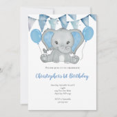 Blue Baby Boy Elephant Balloon 1. Geburtstag Einladung (Vorderseite)