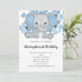 Blue Baby Boy Elephant Blume Balloons Geburtstag Einladung (Stehend Vorderseite)