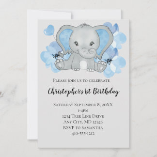 Blue Baby Boy Elephant Blume Balloons Geburtstag Einladung