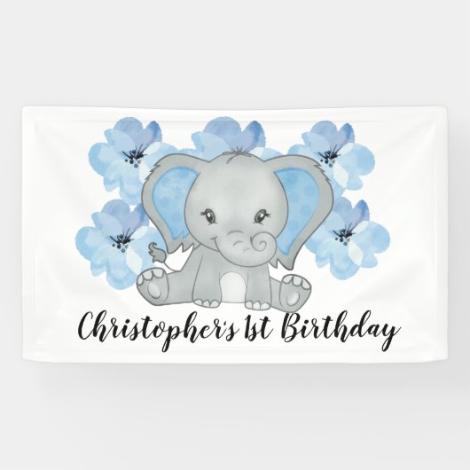 Blue Baby Boy Elephant Blume Geburtstag Banner (Horizontal)