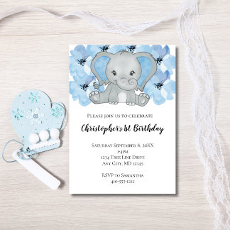 Blue Baby Boy Elephant Blume zum ersten Geburtstag Einladung