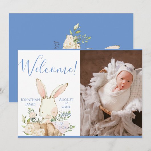 Blue Baby Boy Foto Script Birth Ankündigung (Vorne/Hinten)