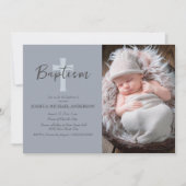 Blue Baby Boy Foto Taufe Cross Einladung (Vorderseite)