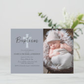 Blue Baby Boy Foto Taufe Cross Einladung (Stehend Vorderseite)