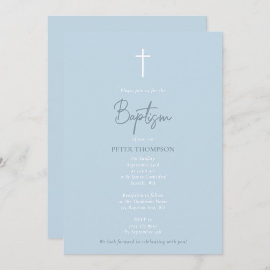 Blue Baby Boy Hand schrieb Script Taufe Einladung (Vorne/Hinten)