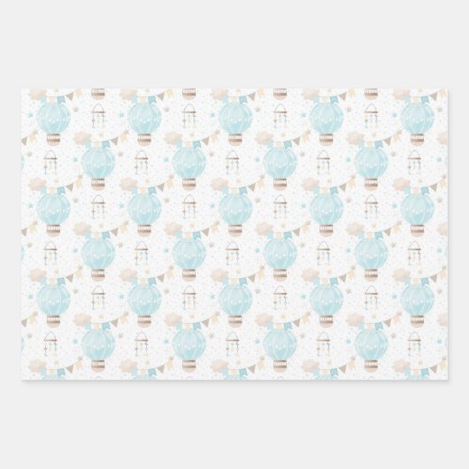 Blue Baby Boy Hot Air Balloons und Rabbit Geschenkpapier Set (Vorderseite)