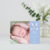Blue Baby Boy Initial Monogram Foto Vielen Dank Postkarte (Stehend Vorderseite)