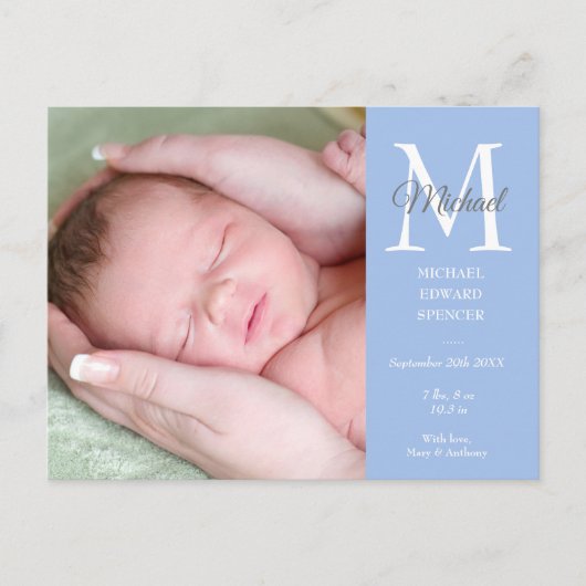 Blue Baby Boy Initial Monogram Foto Vielen Dank Postkarte (Vorderseite)