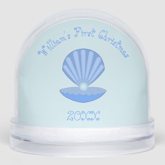 Blue Baby Boy Oyster shell and Pearl Baby Name Schneekugeln (Vorderseite)