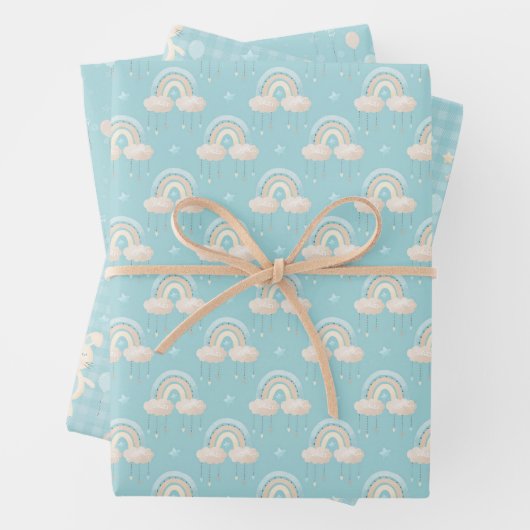Blue Baby Boy Rainbow and Rabbit Geschenkpapier Set (Beispiel)