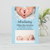 Blue Baby Boy Size and Weight Foto Birth Ankündigung (Stehend Vorderseite)