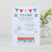 Blue Baby Boy Soccer Baby Dusche Einladung (Stehend Vorderseite)