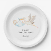Blue Baby Boy Stork Baby Dusche Pappteller (Vorderseite)