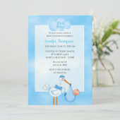 Blue Baby Boy Stork Shower Einladungen (Stehend Vorderseite)