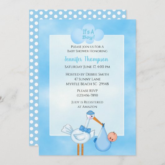 Blue Baby Boy Stork Shower Einladungen (Vorne/Hinten)