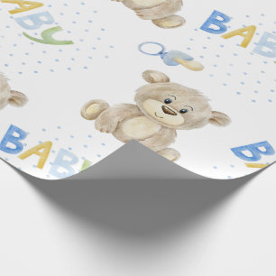 Blue Baby Boy Teddy Bear Watercolor Babydusche Geschenkpapier