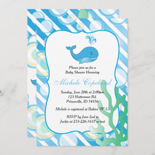 Blue Baby Boy Whale Babyshower Einladung (Vorne/Hinten)