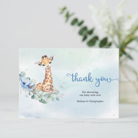 Blue baby boygiraffe eucalyptus wreath Vielen Dank Begleitkarte (Stehend Vorderseite)