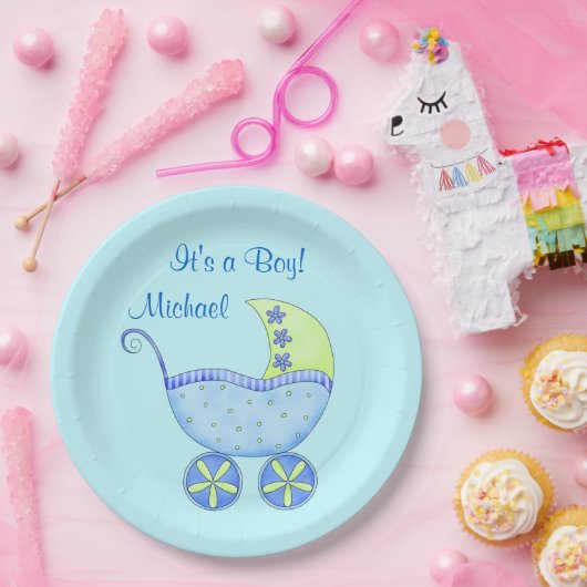 Blue Baby Buggy Sein Name ein Junge Personalisiert Pappteller (Party)