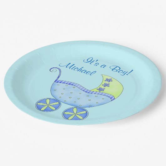 Blue Baby Buggy Sein Name ein Junge Personalisiert Pappteller (Schrägansicht)