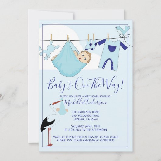 Blue Baby Bundle on Clothesline Baby Shower Einladung (Vorderseite)