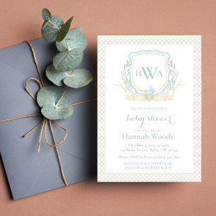 Blue Baby Carriage Monogram Baby Shooting Einladung
