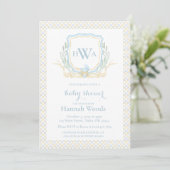 Blue Baby Carriage Monogram Baby Shooting Einladung (Stehend Vorderseite)