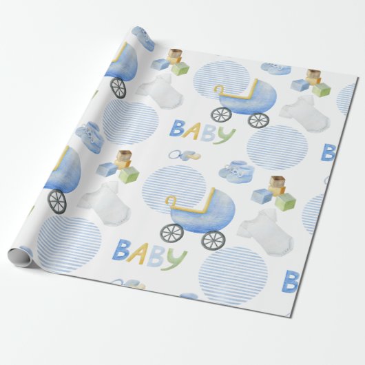Blue Baby Carriage Watercolor Babydusche Geschenkpapier (Ungerollt)