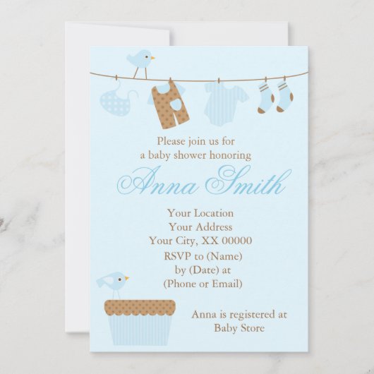Blue Baby Clothesline Baby Dusche Einladung (Vorderseite)