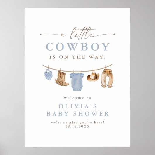 Blue Baby Clothesline Little Cowboy Baby Dusche Poster (Vorne)
