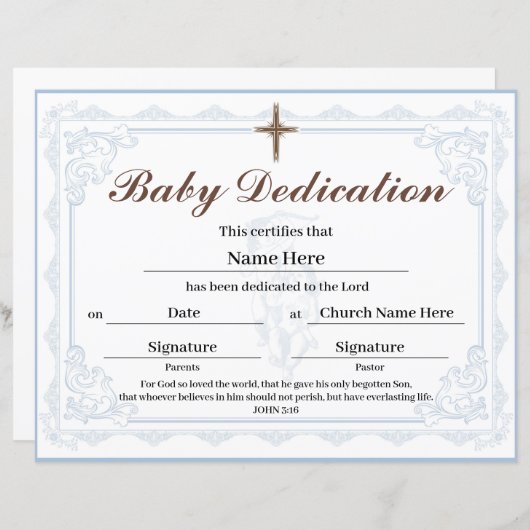 Blue Baby Dedication Certificate (Vorne/Hinten)