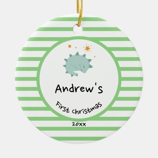 Blue Baby Dino | Erste Weihnachts-Grünstreifen Keramik Ornament (Vorne)