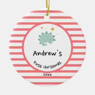 Blue Baby Dino   Erster Weihnachts Roter Streifen  Keramik Ornament