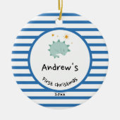 Blue Baby Dino | First Christmas Blue Stripe Chic Keramik Ornament (Vorne)