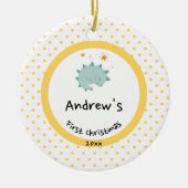 Blue Baby Dino | First Christmas Yellow Polka Dot Keramik Ornament (Vorne)