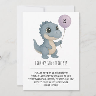 Blue Baby Dino mit Lila Balloon Geburtstag Einladung