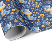 Blue Baby Dinosaurier Yellow & Blue Blumen Geschenkpapier (Rolleneckpunkt)