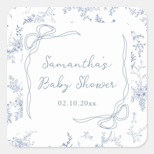Blue Baby Dusche Bläserbow Quadratischer Aufkleber (Vorderseite)