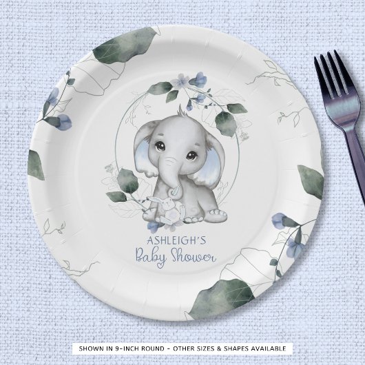 Blue Baby Dusche Elephant Watercolor Grüne Pappteller
