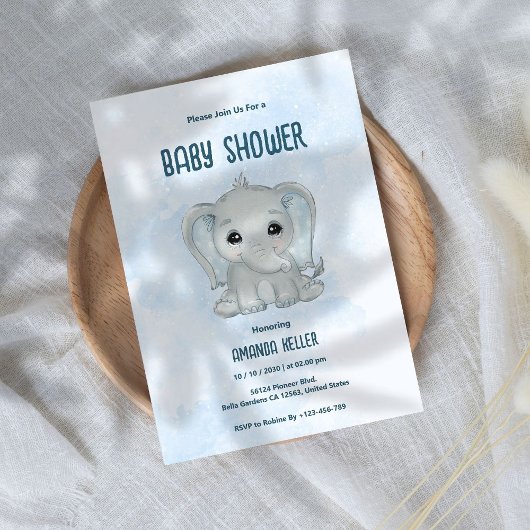 Blue Baby Elephant Baby Dusche Einladung