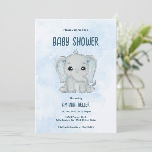 Blue Baby Elephant Baby Dusche Einladung (Stehend Vorderseite)