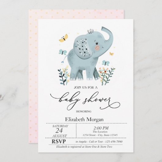 Blue Baby Elephant Butterfly Dots Baby Dusche Einladung (Vorne/Hinten)