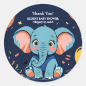 Blue Baby Elephant Party Baby Dusche Runder Aufkleber (Vorderseite)