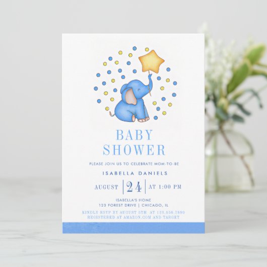 Blue Baby Elephant und Star Balloon Baby Shower Einladung (Stehend Vorderseite)