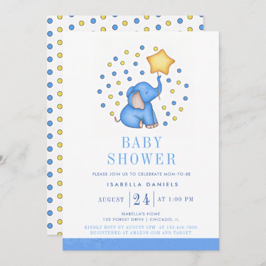 Blue Baby Elephant und Star Balloon Baby Shower Einladung (Vorne/Hinten)
