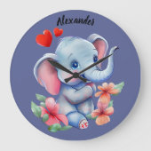Blue Baby Elephant Wall Clock Große Wanduhr (Vorderseite)