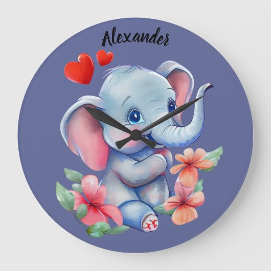 Blue Baby Elephant Wall Clock Große Wanduhr (Vorderseite)