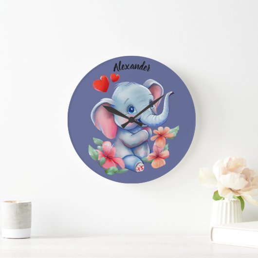 Blue Baby Elephant Wall Clock Große Wanduhr (Zuhause)